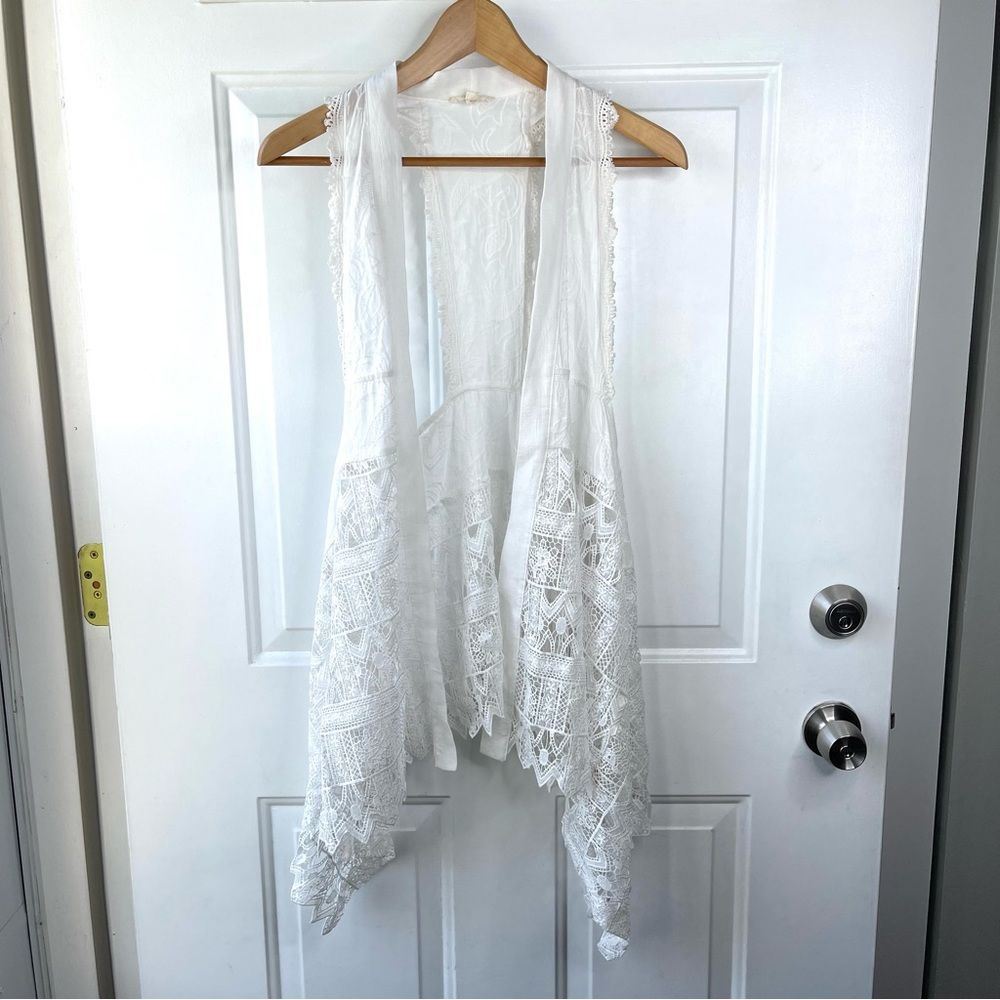 Mystree Cotton Lace Sleeveless Boho White Cardigan Vest One Size